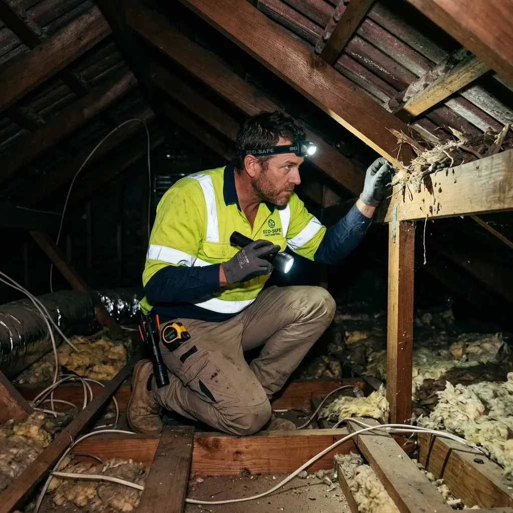 Technician inspecting a roof cavity for a dead animal in Glen Park
