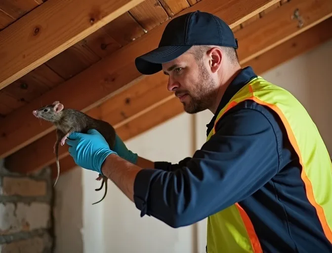 Technician inspecting a roof cavity for a dead rat in Glen Park